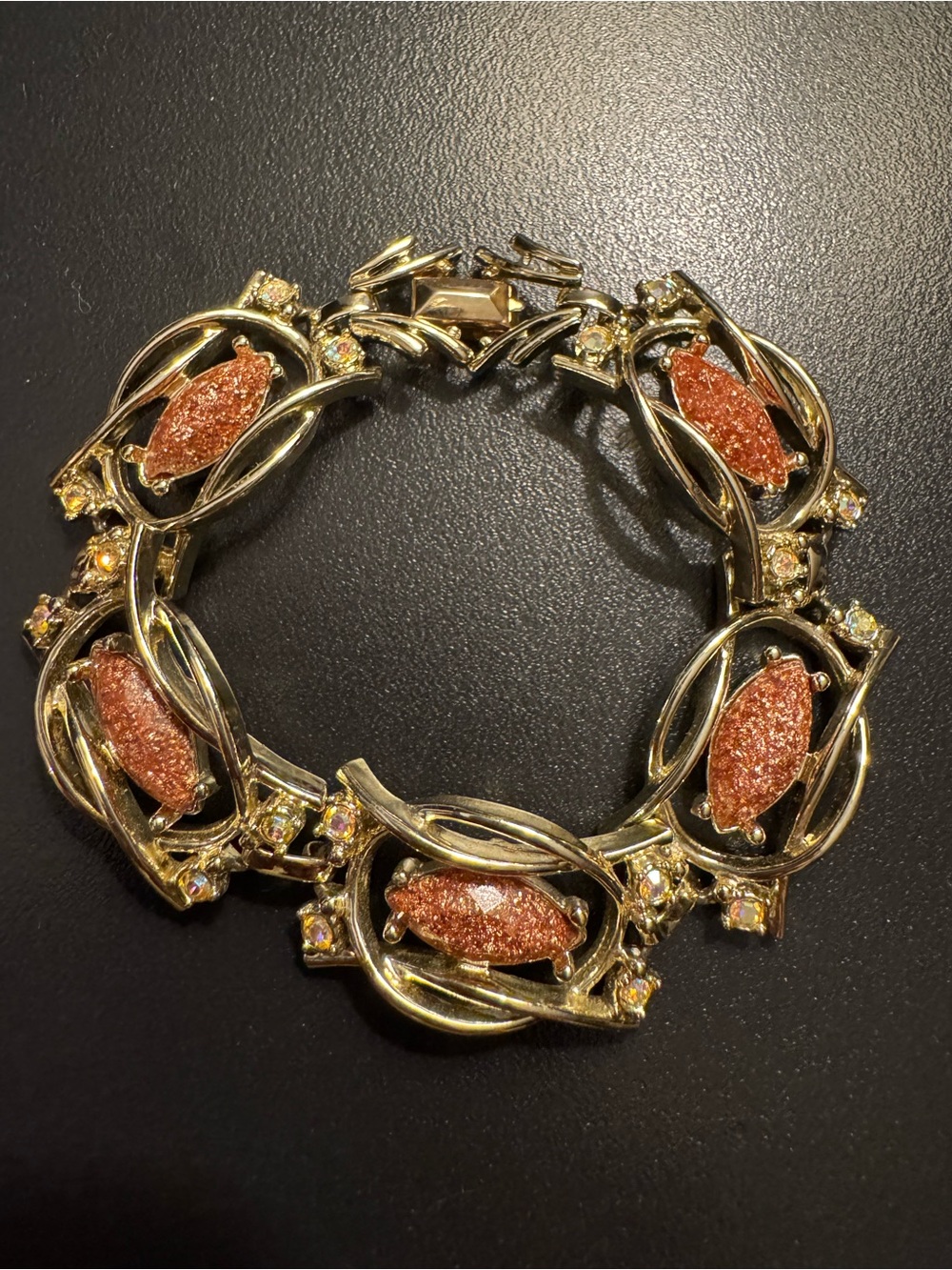 Vintage Emmons Goldstone AB Rhinestone Gold Tone Panel Bracelet 7.25”